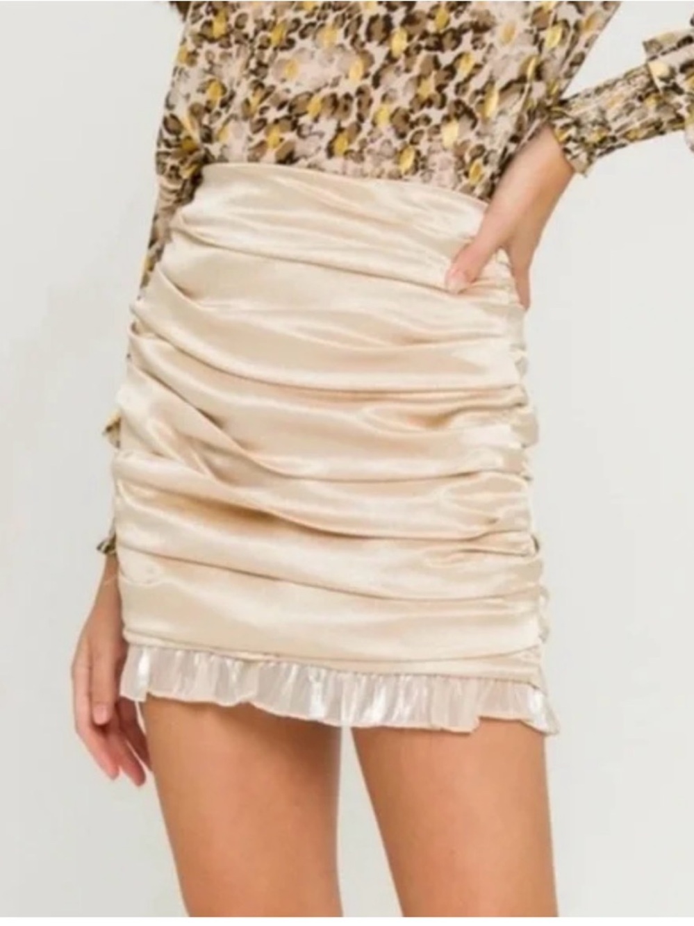 Anthropologie Endless Rose Cream Satin Ruched Mini Skirt with Ruffle Hem